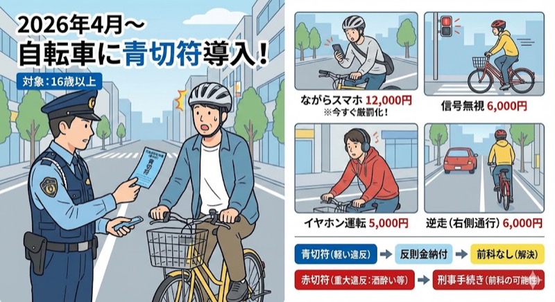 【2026年自転車の新規制】青切符で罰金！違反行為と反則金一覧